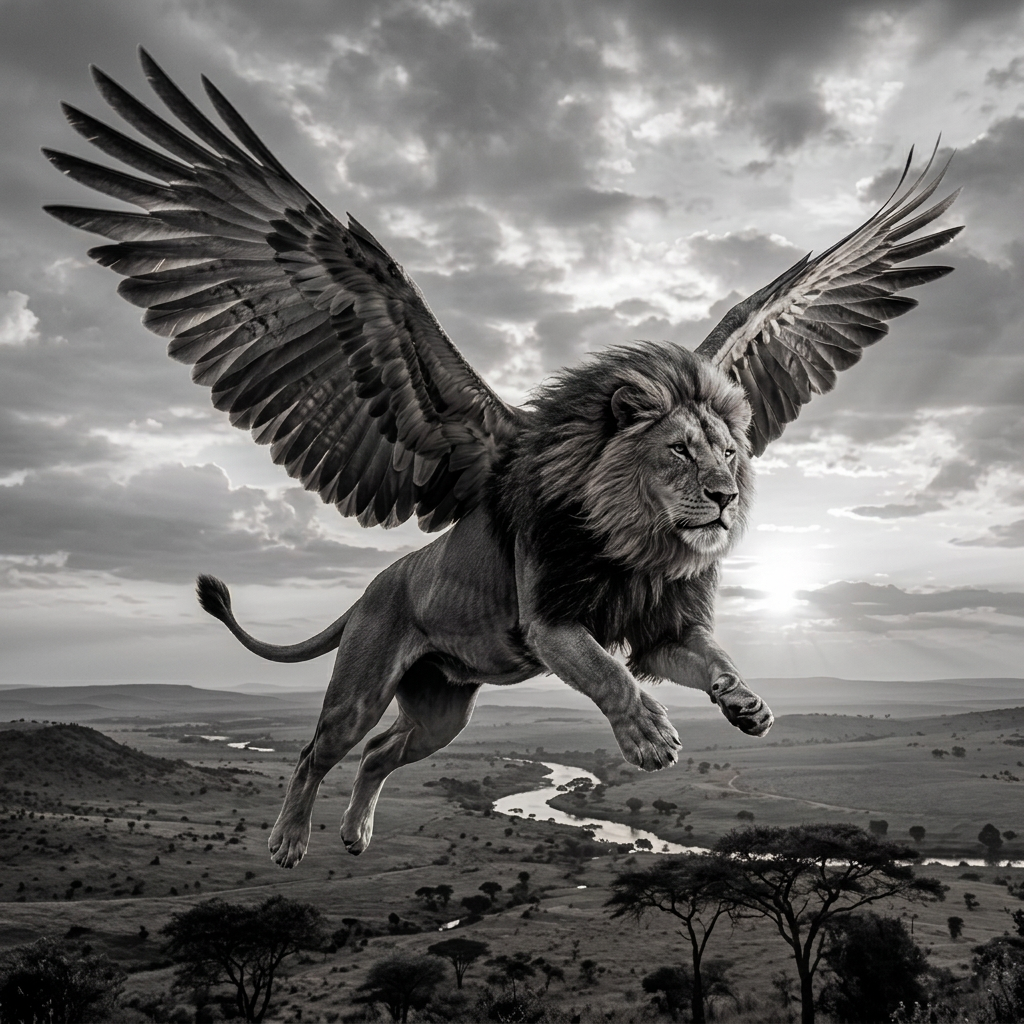 Lion with large eagle wings flying over savanna during sunset